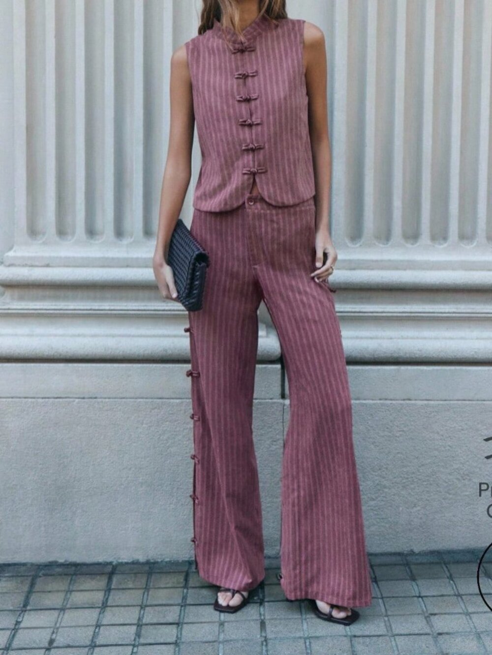 Burgundy Casual Women's Stand Collar Blouse And Long Plain Pants Set